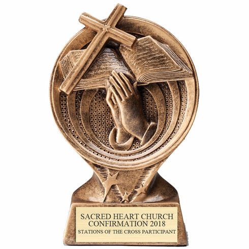 6" RELIGIOUS CROSS PARTICIPANT RESIN TROPHY ANTIQUE GOLD FINISH