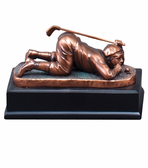 6 x 3-1/2 INCH COMEDY MALE GOLFER ELECTROPLATED BRONZE FIGURE BLACK BASE