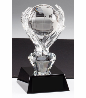 6 X 3 INCH OPTICAL CRYSTAL HANDS HOLDING GLOBE