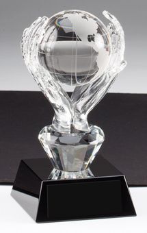 6 X 3 INCH OPTICAL CRYSTAL HANDS HOLDING GLOBE