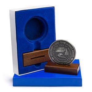6 x 4-1/4 x 1 INCH BLUE VELOUR DISPLAY BOX WITH WOOD STAND - HOLDS UP TO A 2-1/2 INCH COIN OR MEDAL