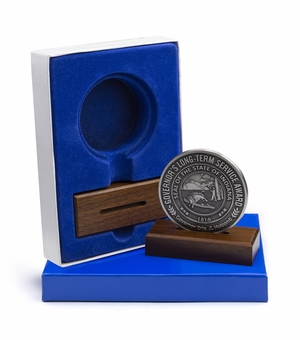 6 x 4-1/4 x 1 INCH BLUE VELOUR DISPLAY BOX WITH WOOD STAND - HOLDS UP TO A 2-1/2 INCH COIN OR MEDAL