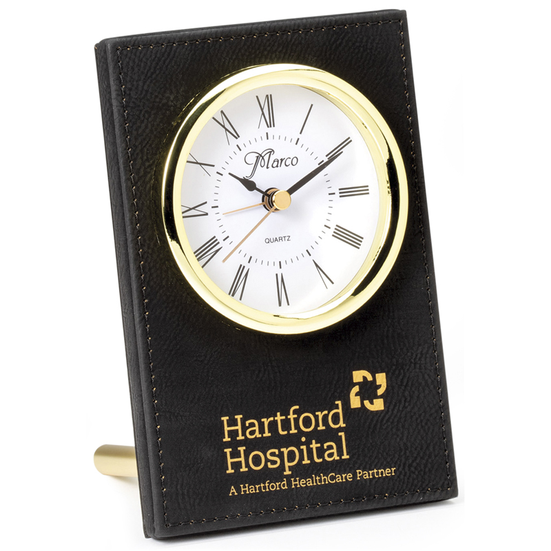6 x 4 INCH BLACK LEATHERETTE QUARTZ MOVEMENT DESK CLOCK