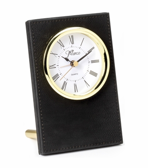 6 x 4 INCH BLACK LEATHERETTE QUARTZ MOVEMENT DESK CLOCK