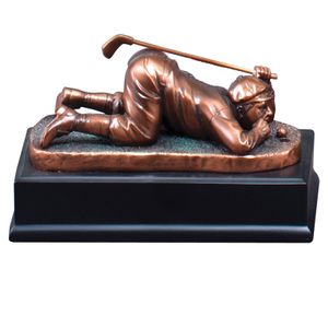 6 x 3-1/2 INCH COMEDY MALE GOLFER ELECTROPLATED BRONZE FIGURE BLACK BASE