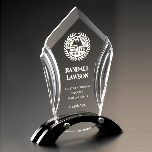 6" x 7-1/4" ACCENT ACRYLIC TROPHY POLISHED AND CUT WITH BLACK REFLECTIVE BLACK BASE