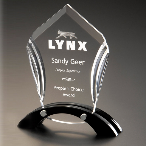 6" x 8-1/4" ACCENT ACRYLIC TROPHY POLISHED AND CUT WITH BLACK REFLECTIVE BLACK BASE