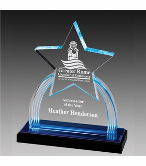 6" x 8 3/4" ACRYLIC STAR TROPHY WITH BLUE REFLECTIVE BLACK BASE