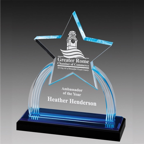 6" x 8 3/4" ACRYLIC STAR TROPHY WITH BLUE REFLECTIVE BLACK BASE