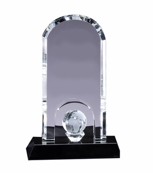 6 x 8-3/4 OPTICAL CRYSTAL DOME WITH GLOBE ON PLANK CRYSTAL BASE