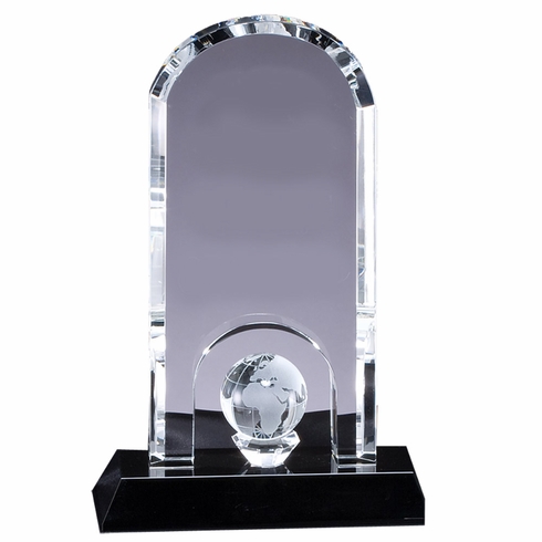 6 x 8-3/4 OPTICAL CRYSTAL DOME WITH GLOBE ON PLANK CRYSTAL BASE