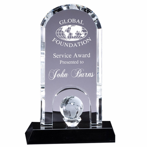 6 x 8-3/4 OPTICAL CRYSTAL DOME WITH GLOBE ON PLANK CRYSTAL BASE