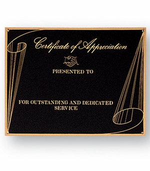6 X 8 Inch Black Screened 'Certificate of Appreciation' Plate in Gold