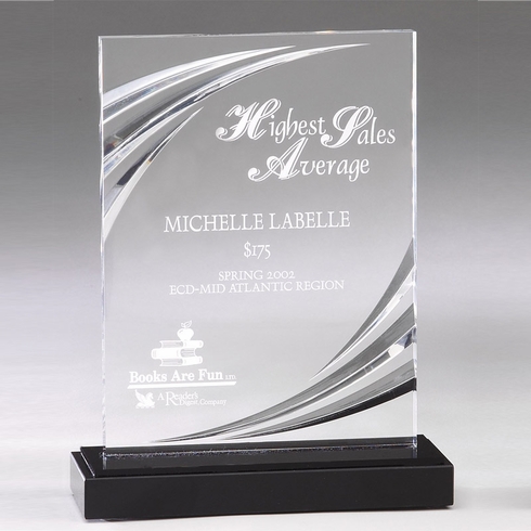 6" x 8" CLEAR MACHINE GROOVED ACRYLIC AWARD RECTANGLE ON MARBLE BASE
