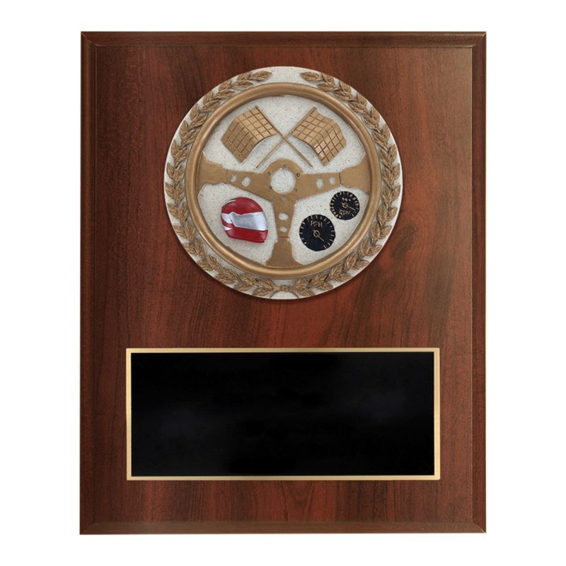 6 X 8 INCH DARK CHERRY FINISH AND CAST STONE RESIN AUTO RACING PLAQUE