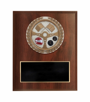6 X 8 INCH DARK CHERRY FINISH AND CAST STONE RESIN AUTO RACING PLAQUE