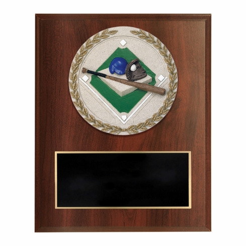 6 X 8 INCH DARK CHERRY FINISH AND CAST STONE RESIN BASEBALL PLAQUE