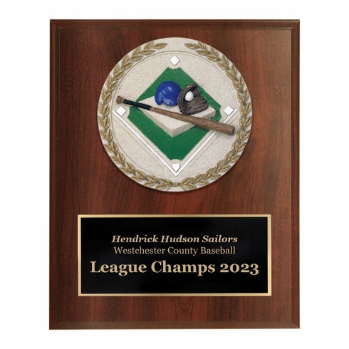 6 X 8 INCH DARK CHERRY FINISH AND CAST STONE RESIN BASEBALL PLAQUE