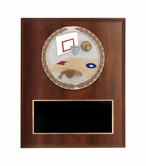 6 X 8 INCH DARK CHERRY FINISH AND CAST STONE RESIN BASKETBALL PLAQUE