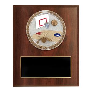 6 X 8 INCH DARK CHERRY FINISH AND CAST STONE RESIN BASKETBALL PLAQUE