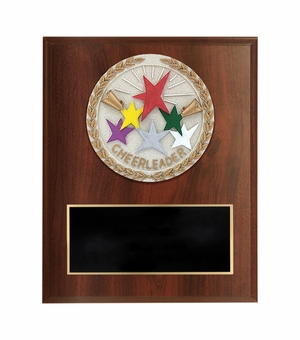 6 X 8 INCH DARK CHERRY FINISH AND CAST STONE RESIN CHEERLEADER PLAQUE
