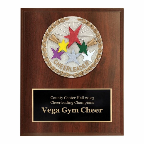 6 X 8 INCH DARK CHERRY FINISH AND CAST STONE RESIN CHEERLEADER PLAQUE
