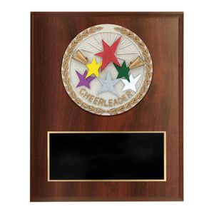 6 X 8 INCH DARK CHERRY FINISH AND CAST STONE RESIN CHEERLEADER PLAQUE