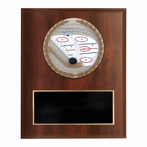 6 X 8 INCH DARK CHERRY FINISH AND CAST STONE RESIN HOCKEY PLAQUE