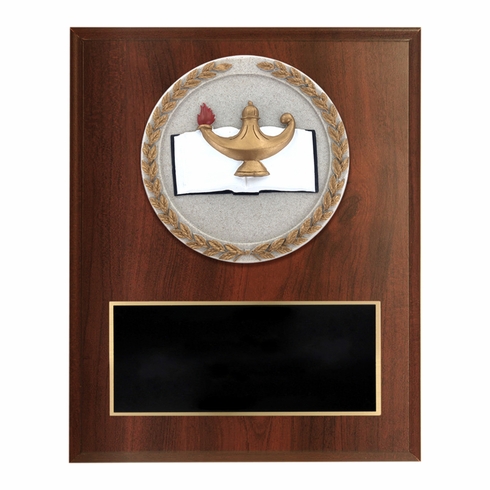 6 X 8 INCH DARK CHERRY FINISH AND CAST STONE RESIN LAMP OF LEARNING PLAQUE