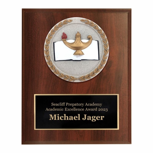 6 X 8 INCH DARK CHERRY FINISH AND CAST STONE RESIN LAMP OF LEARNING PLAQUE