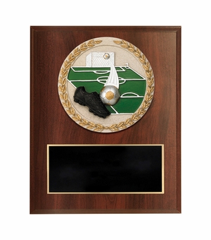 6 X 8 INCH DARK CHERRY FINISH AND CAST STONE RESIN SOCCER PLAQUE