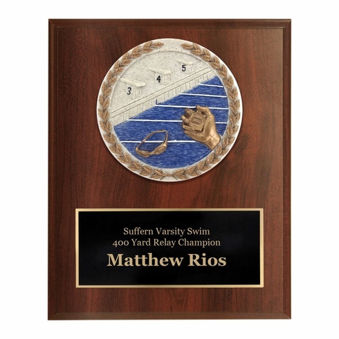 6 x 8 Inch Dark Cherry Finish AND CAST STONE RESIN SWIM PLAQUE