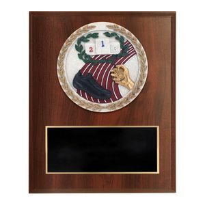 6 X 8 INCH DARK CHERRY FINISH AND CAST STONE RESIN TRACK PLAQUE