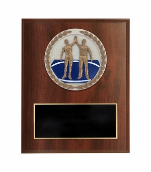 6 X 8 INCH DARK CHERRY FINISH AND CAST STONE RESIN WRESTLING PLAQUE