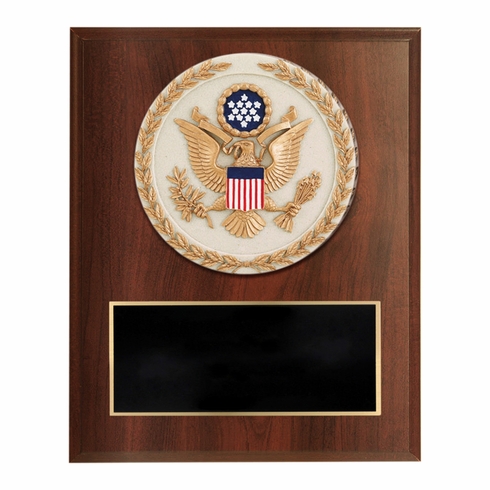 6 X 8 INCH DARK CHERRY FINISH PLAQUE WITH GOLD WREATH AND U.S. SEAL INSIGNIA STONE RESIN PLAQUE MOUNT