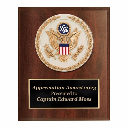 6 X 8 INCH DARK CHERRY FINISH PLAQUE WITH GOLD WREATH AND U.S. SEAL INSIGNIA STONE RESIN PLAQUE MOUNT