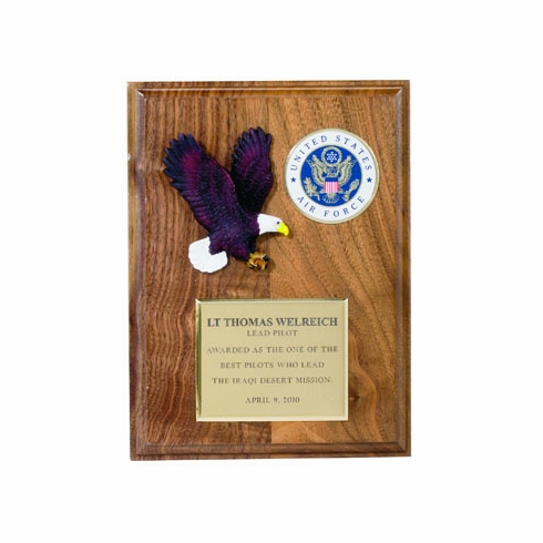 6 X 8 INCH EAGLE PLAQUE WALNUT FINISH TAKES 2 INCH  MEDALLION