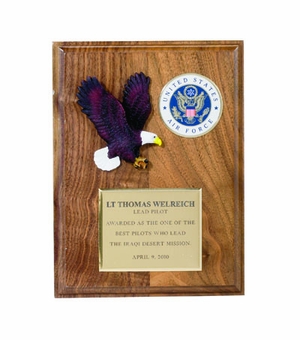 6 X 8 INCH EAGLE PLAQUE WALNUT FINISH TAKES 2 INCH  MEDALLION