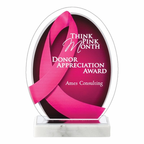6 x 8 INCH OVAL ACRYLIC PINK DONOR APPRECIATION AWARD WITH PINK RIBBON