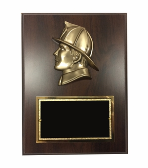 6 X 8 INCH SMALL FIREMAN'S HEAD WALNUT FINISH PLAQUE