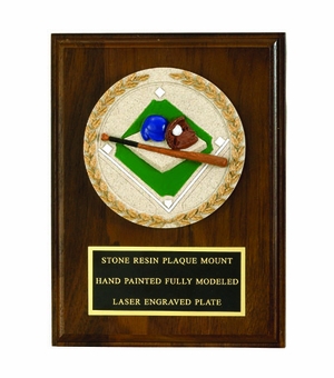6 X 8 INCH WALNUT FINISH PLAQUE WITH CAST STONE MEDALLION, BLACK PLATE