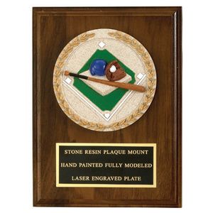 6 X 8 INCH WALNUT FINISH PLAQUE WITH CAST STONE MEDALLION, BLACK PLATE