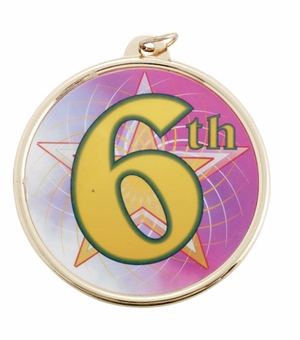 2-1/4 Inch in Diameter Round 6th Place Gold and Mylar Medal with Customizable Back