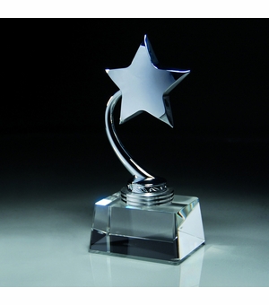 7-1/2 INCH SILVER METAL STAR TROPHY ON CRYSTAL BASE & STAR FOR LASER ENGRAVE
