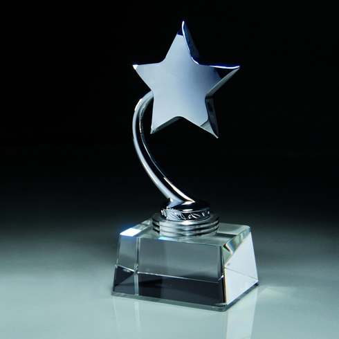 7-1/2 INCH SILVER METAL STAR TROPHY ON CRYSTAL BASE & STAR FOR LASER ENGRAVE