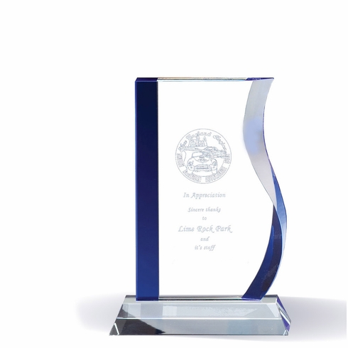 7-1/2 INCH WAVE GLASS AWARD WITH BLUE EDGES