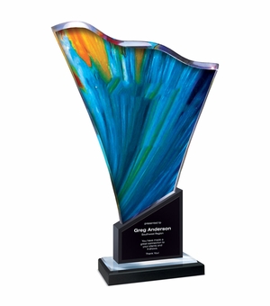7-1/2" x 12" ARTISTIC WAVE CUT WITH REFLECTIVE MIRROR BOTTOM ON BLACK MARBLE BASE