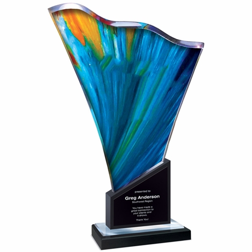 7-1/2" x 12" ARTISTIC WAVE CUT WITH REFLECTIVE MIRROR BOTTOM ON BLACK MARBLE BASE