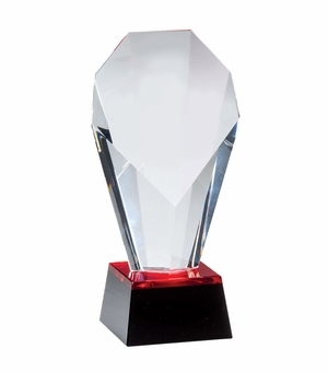 7-1/2 x 3 OPTICAL RED TINT CRYSTAL SLANTED TOWER AWARD ON BLACK BASE