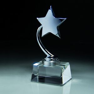 7-1/2 INCH SILVER METAL STAR TROPHY ON CRYSTAL BASE & STAR FOR LASER ENGRAVE